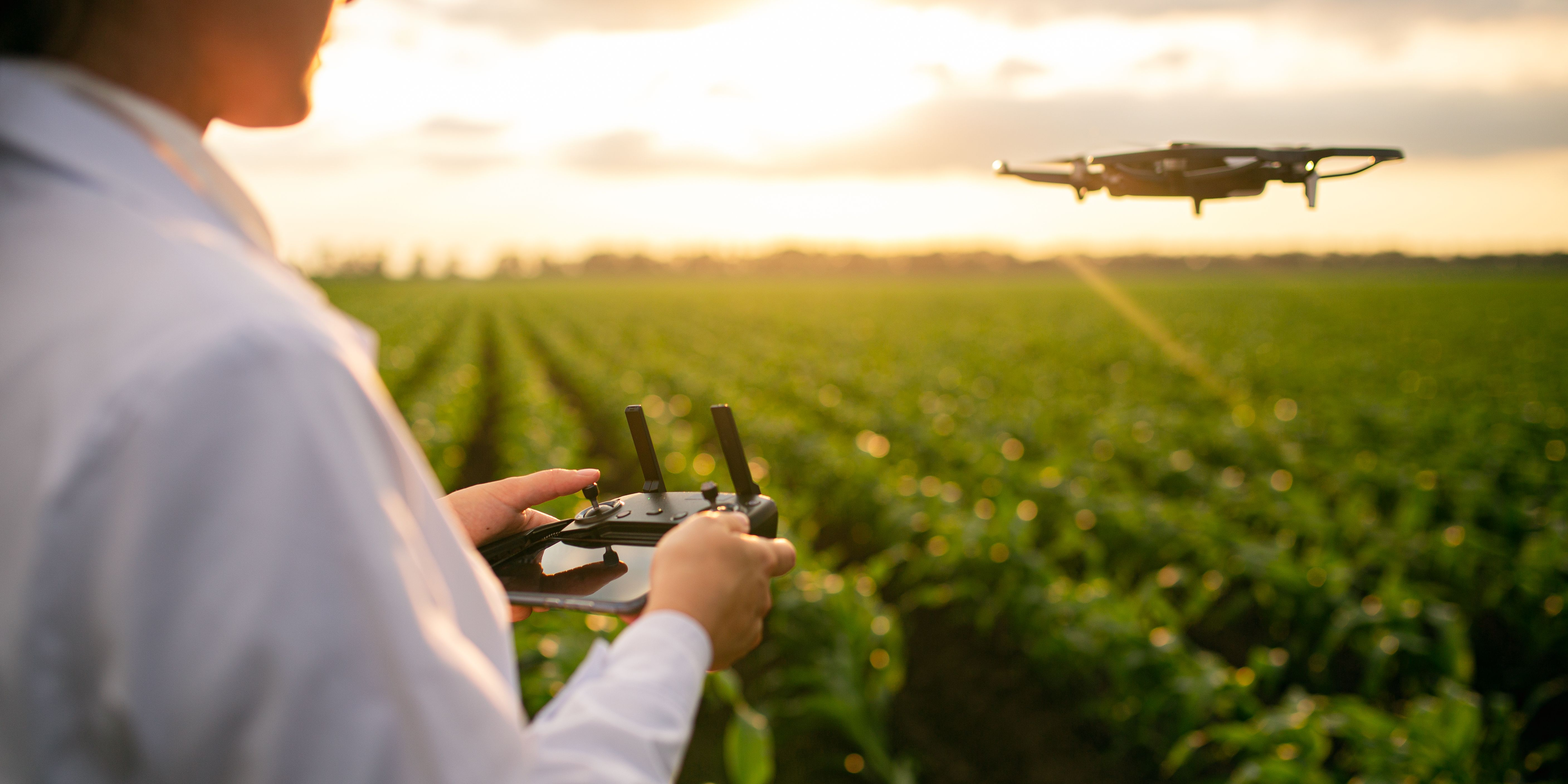 A person guiding a drone on horizon remotely